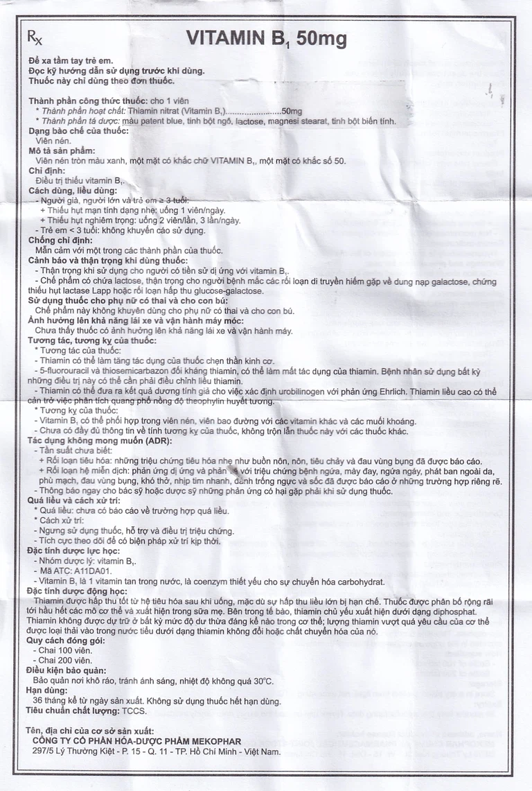 Thuốc Vitamin B1 50mg Mekophar điều trị thiếu Vitamin B (100 viên)