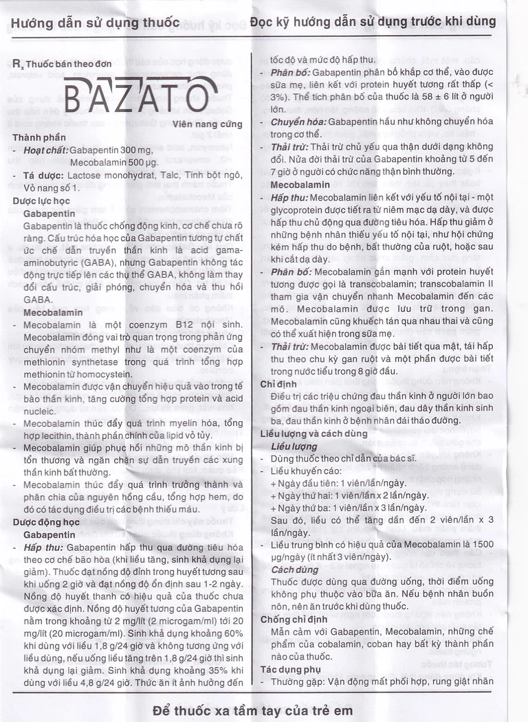 Thuốc Bazato 300mg Hasan điều trị các triệu chứng đau thần kinh (3 vỉ x 10 viên)