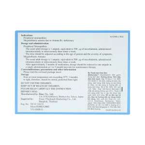 Dung dịch tiêm Methycobal Injection 500µg Eisai điều trị bệnh lý thần kinh ngoại biên và thiếu máu (10 ống x 1ml)