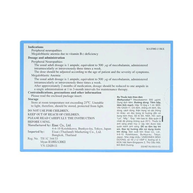 Dung dịch tiêm Methycobal Injection 500µg Eisai điều trị bệnh lý thần kinh ngoại biên và thiếu máu (10 ống x 1ml)