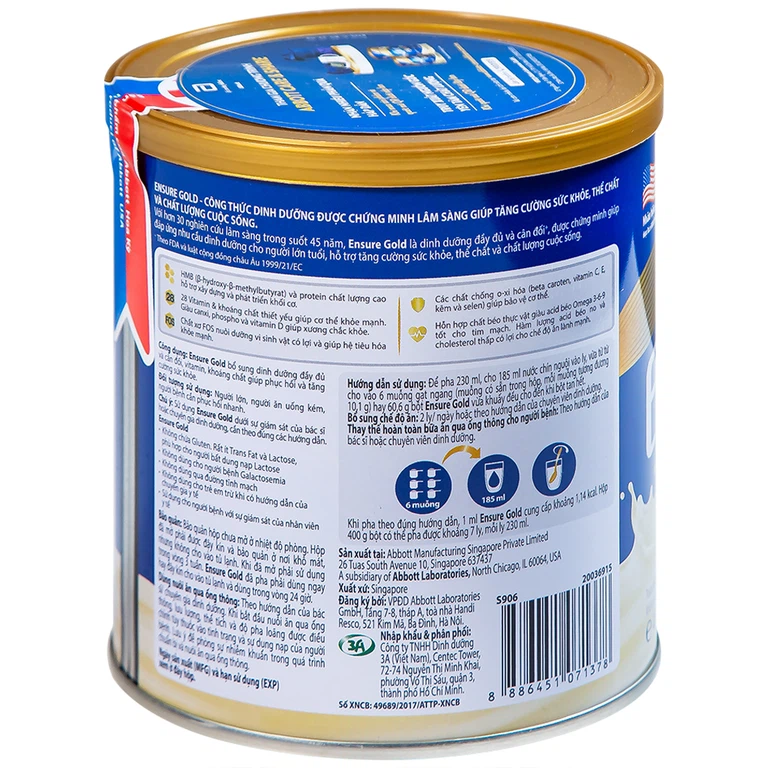 Sữa bột Ensure Gold Abbott hương vani bổ sung dinh dưỡng, vitamin, khoáng chất cho cơ thể (400g)