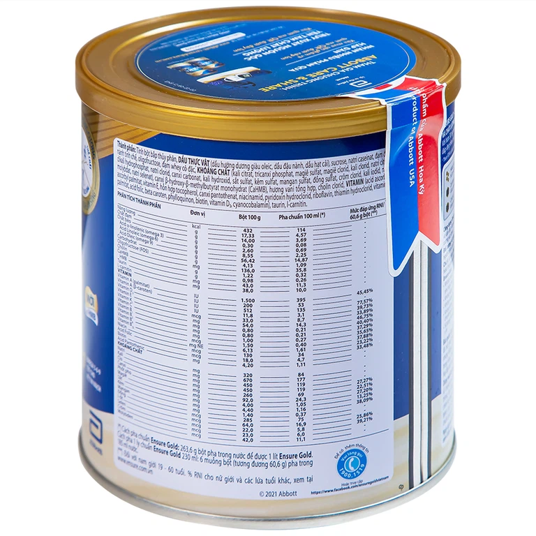 Sữa bột Ensure Gold Abbott hương vani bổ sung dinh dưỡng, vitamin, khoáng chất cho cơ thể (400g)
