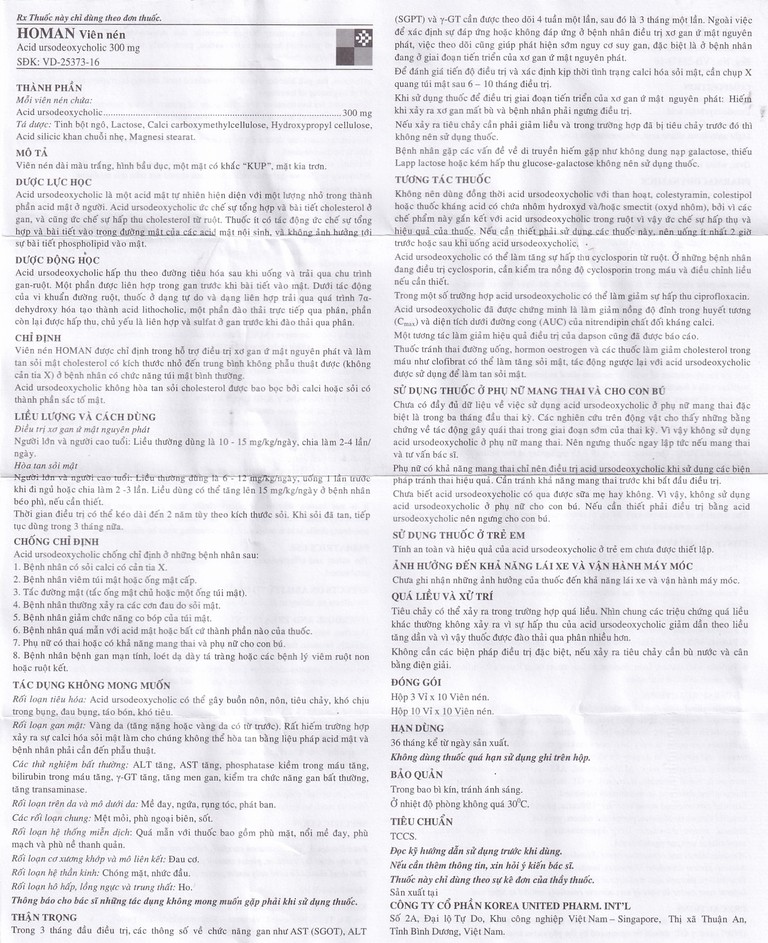 Thuốc Homan 300mg Korea United điều trị xơ gan ứ mật nguyên phát (10 vỉ x 10 viên)