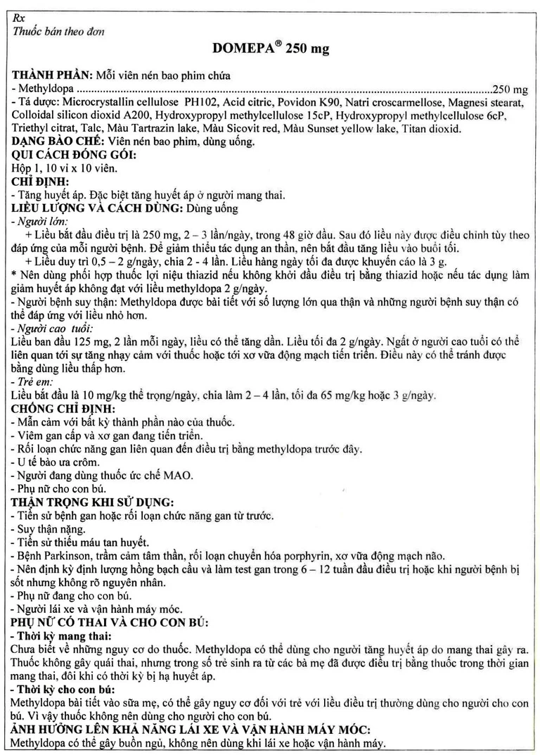Thuốc Domepa 250mg Domesco điều trị tăng huyết áp (10 vỉ x 10 viên)