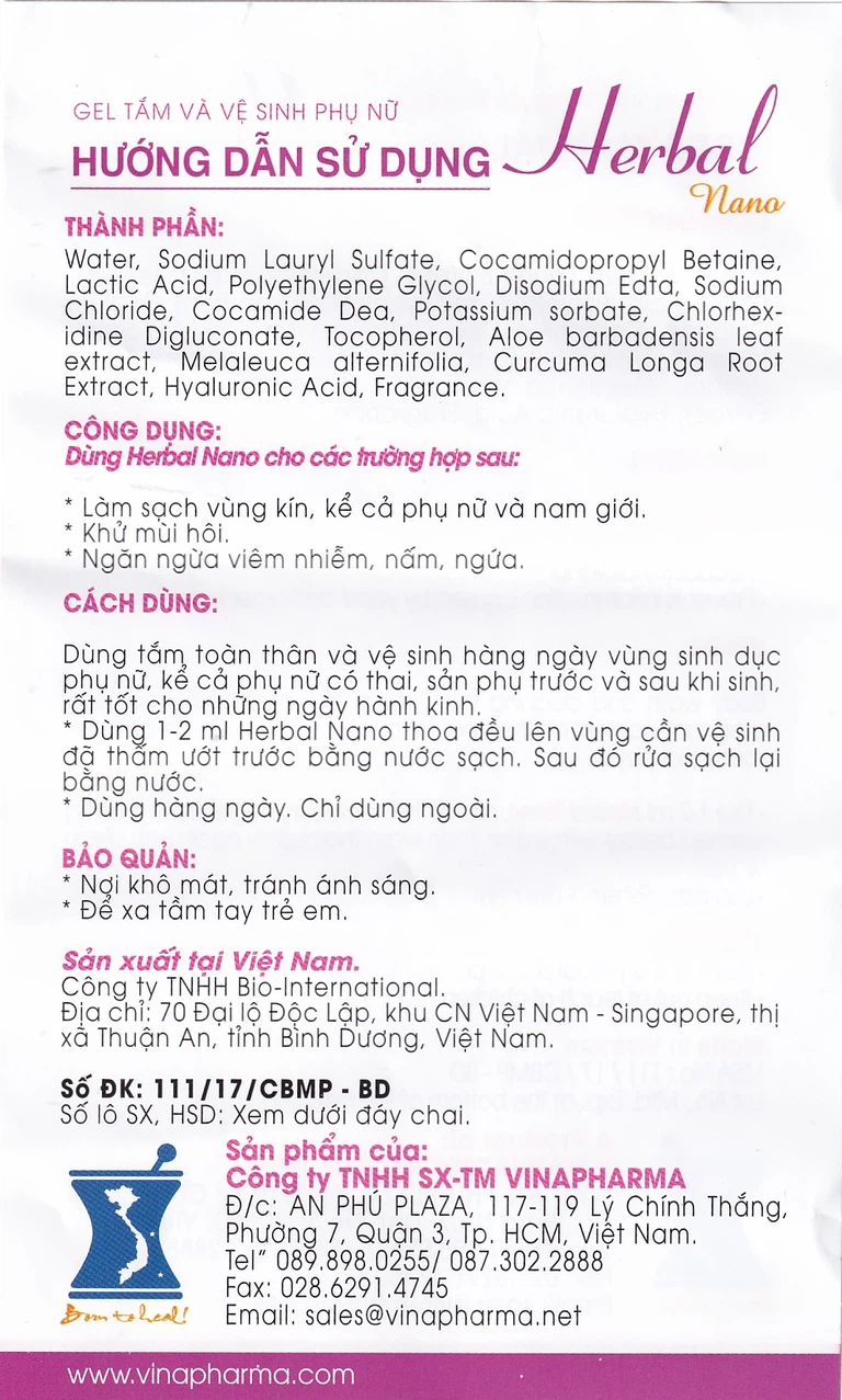 Gel tắm và vệ sinh phụ nữ Herbal Nano Vinapharma giúp làm sạch, kháng viêm (105ml)