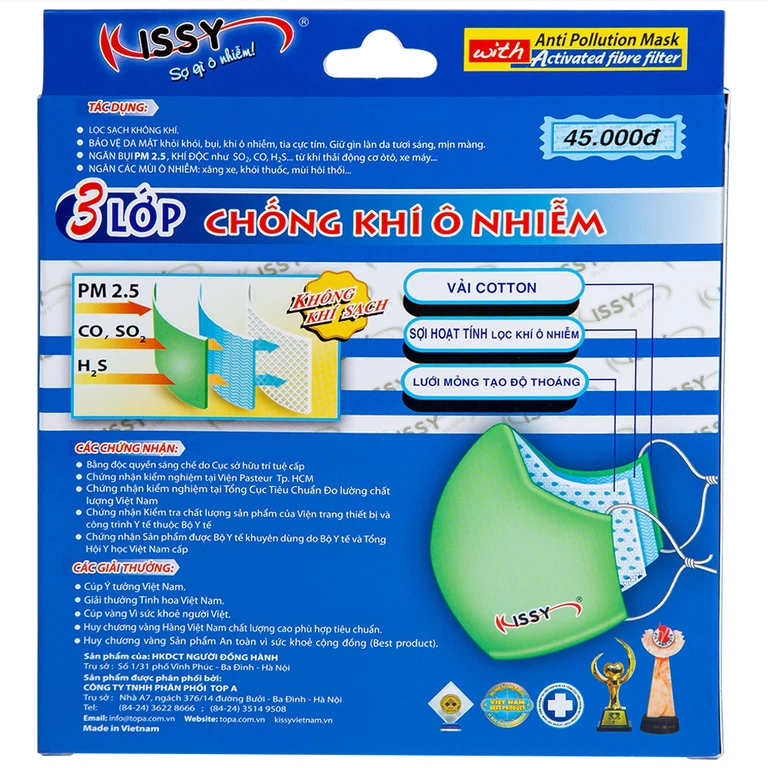 Khẩu trang sợi hoạt tính Kissy size L 3 lớp giúp lọc sạch không khí, ngăn bụi, khí ô nhiễm