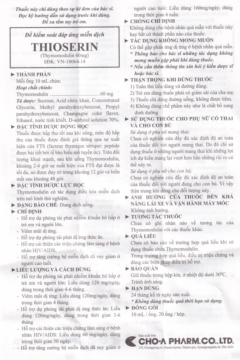 Dung dịch Thioserin CHO-A điều trị viêm mũi dị ứng (20 ống x 10ml)