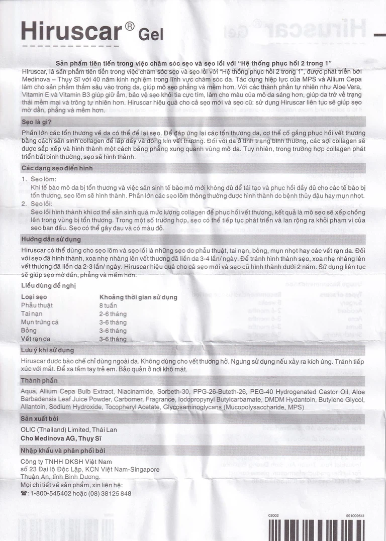 Gel Hiruscar Medinova điều trị sẹo lõm, sẹo lồi do phẫu thuật (5g)