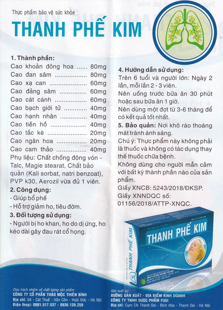 Viên uống Thanh Phế Kim Thiên Bình giúp bổ phế, hỗ trợ giảm ho, tiêu đờm (3 vỉ x 10 viên)
