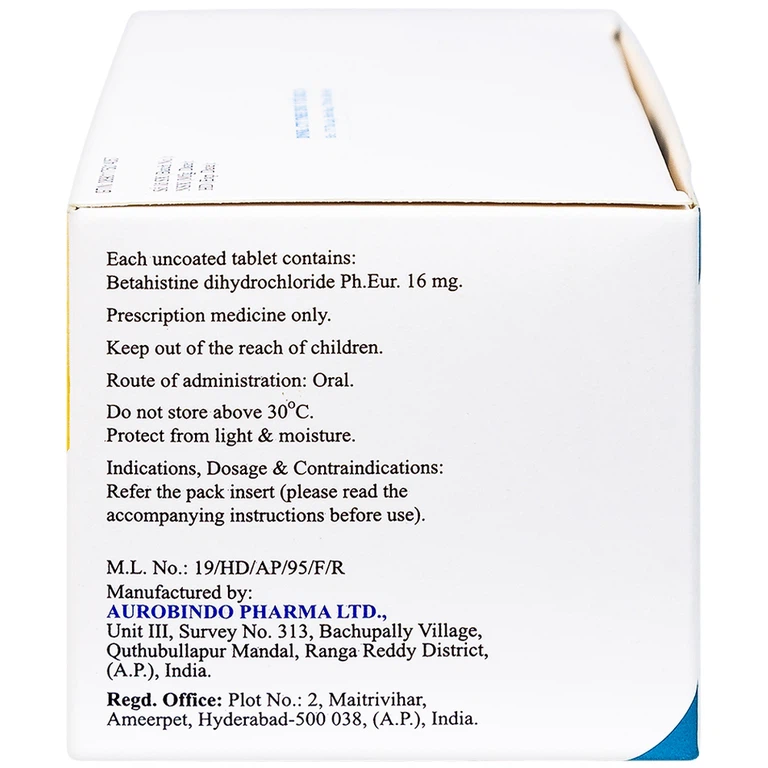 Thuốc Be-Stedy 16mg Aurobindo điều trị chứng chóng mặt, ù tai (10 vỉ x 10 viên)