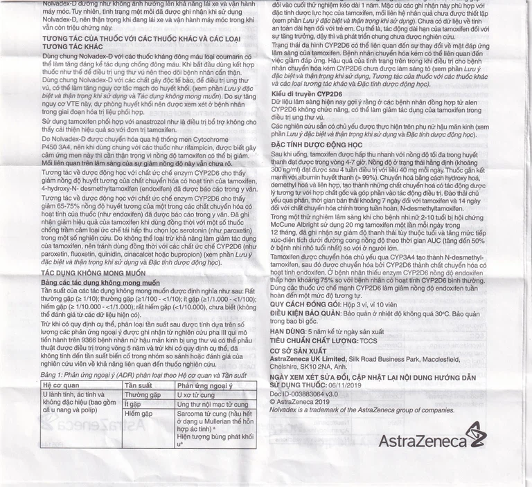 Viên nén Nolvadex-D AstraZeneca điều trị ung thư vú (3 vỉ x 10 viên)