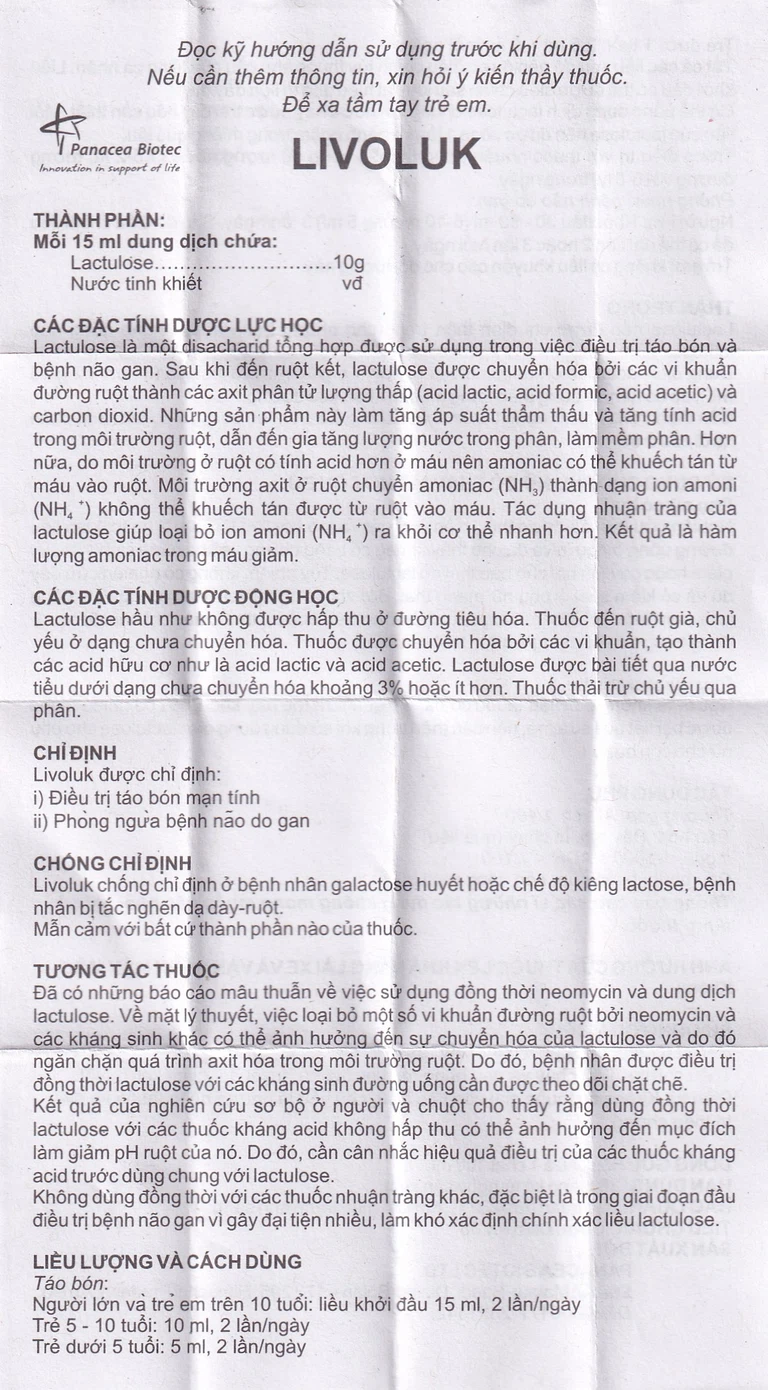 Thuốc Livoluk Pancea Biotec điều trị táo bón, phòng ngừa bệnh não go gan (100 ml)