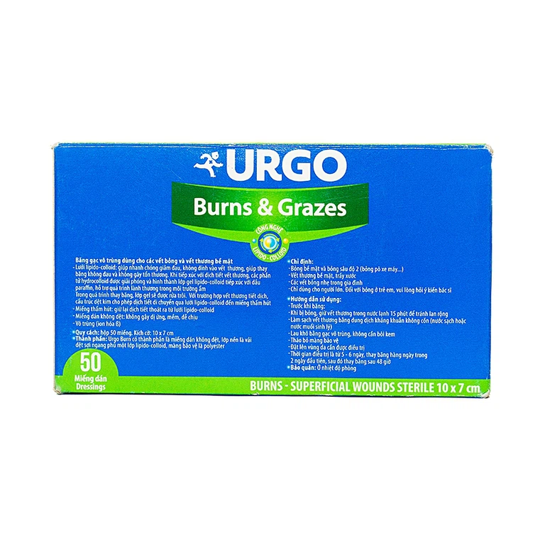 Băng gạc vô trùng Urgo Burns And Grazes size 10cm x 7cm dùng cho các vết bỏng và vết thương bề mặt (50 miếng)