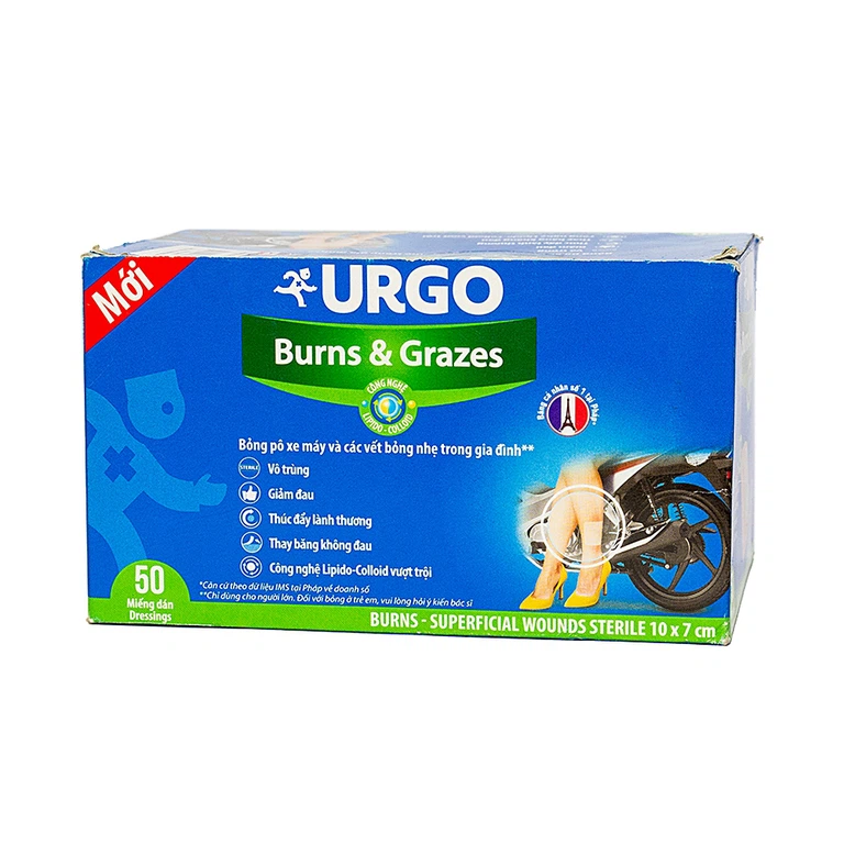 Băng gạc vô trùng Urgo Burns And Grazes size 10cm x 7cm dùng cho các vết bỏng và vết thương bề mặt (50 miếng)