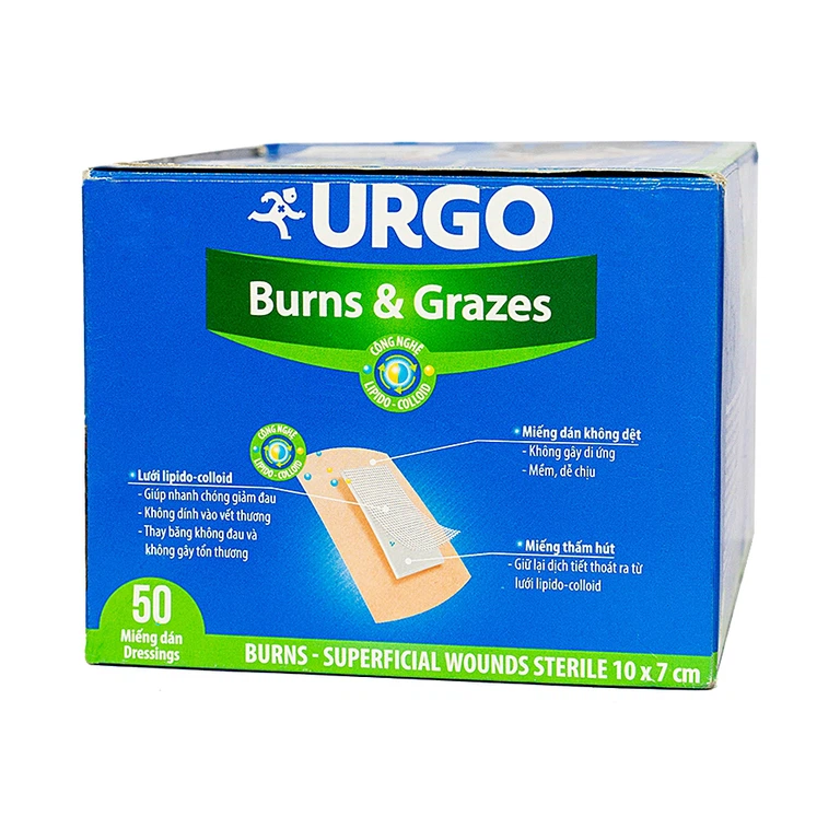 Băng gạc vô trùng Urgo Burns And Grazes size 10cm x 7cm dùng cho các vết bỏng và vết thương bề mặt (50 miếng)