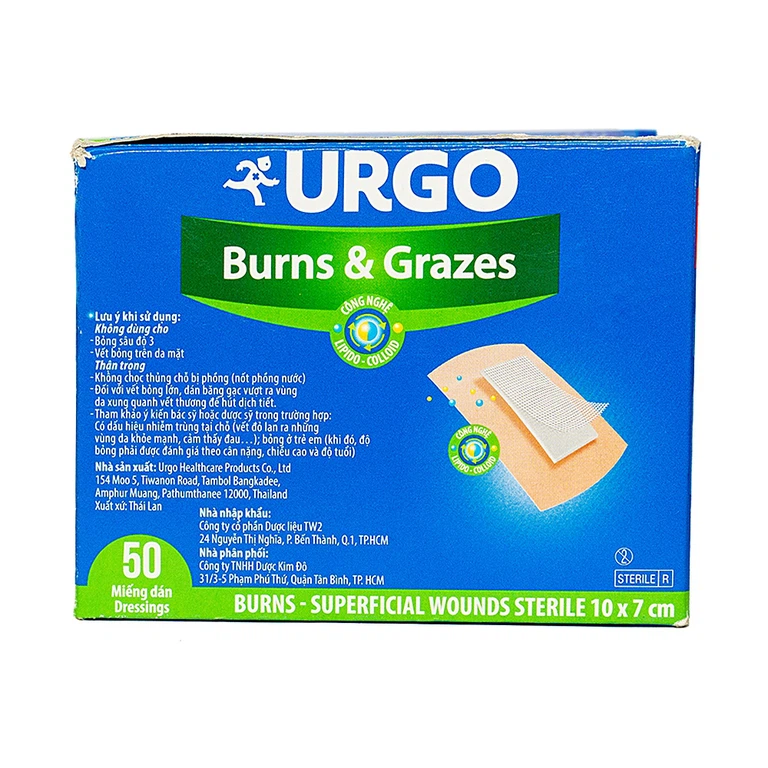 Băng gạc vô trùng Urgo Burns And Grazes size 10cm x 7cm dùng cho các vết bỏng và vết thương bề mặt (50 miếng)