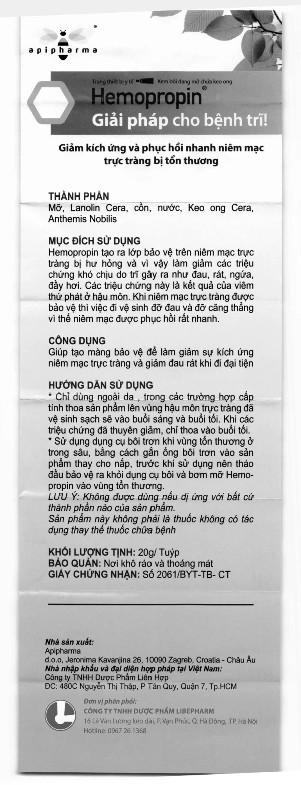 Kem bôi dạng mỡ chứa keo ong Hemopropin ApiPharma giảm kích ứng niêm mạc trực tràng (20g)