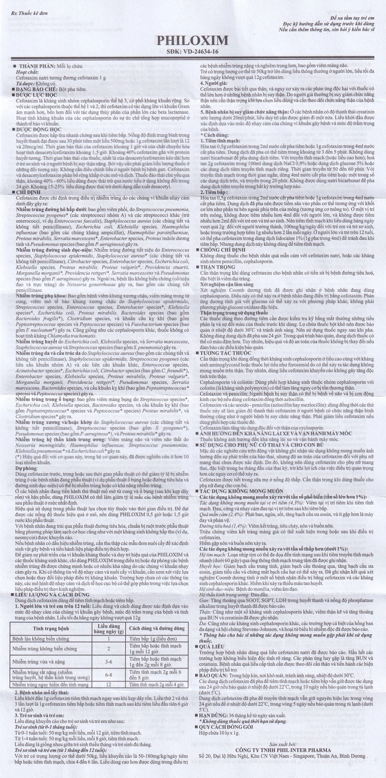 Bột pha tiêm Philoxim 1g Phil Inter Pharma điều trị nhiễm trùng do các chủng vi khuẩn (10 chai)