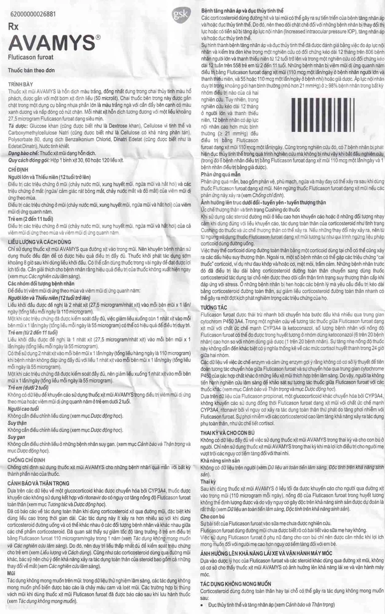 Thuốc xịt mũi Avamys 27.5mcg GSK điều trị chảy nước mũi, xung huyết mũi (30 liều xịt)