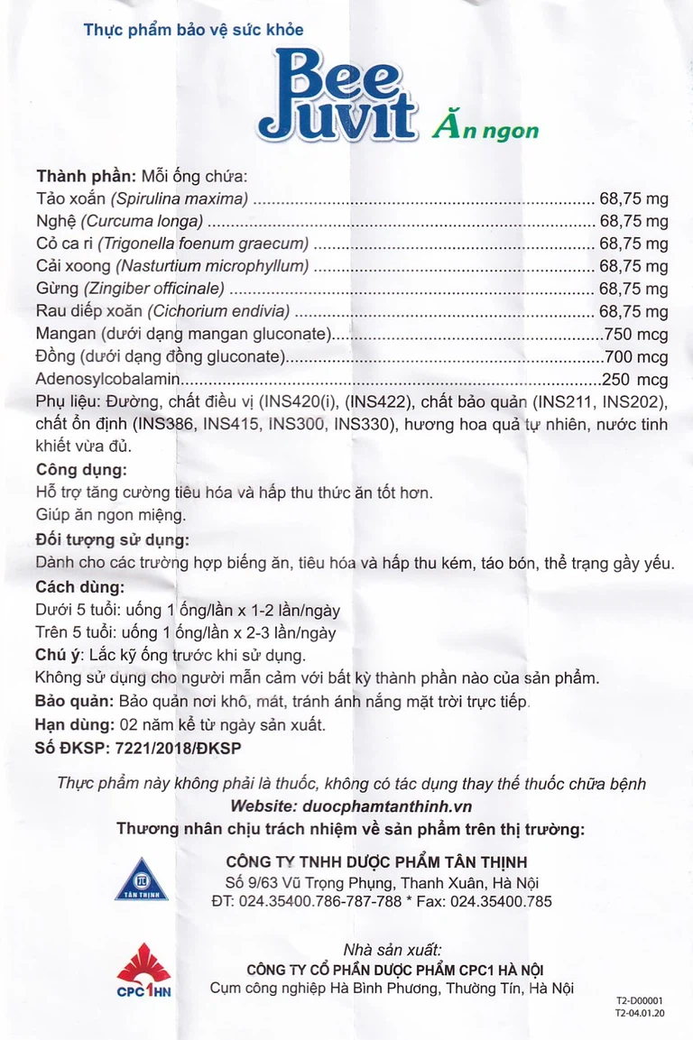 Dung dịch uống Bee Juvit hỗ trợ tăng cường tiêu hóa, ăn ngon miệng (4 vỉ x 5 ống x 10ml)