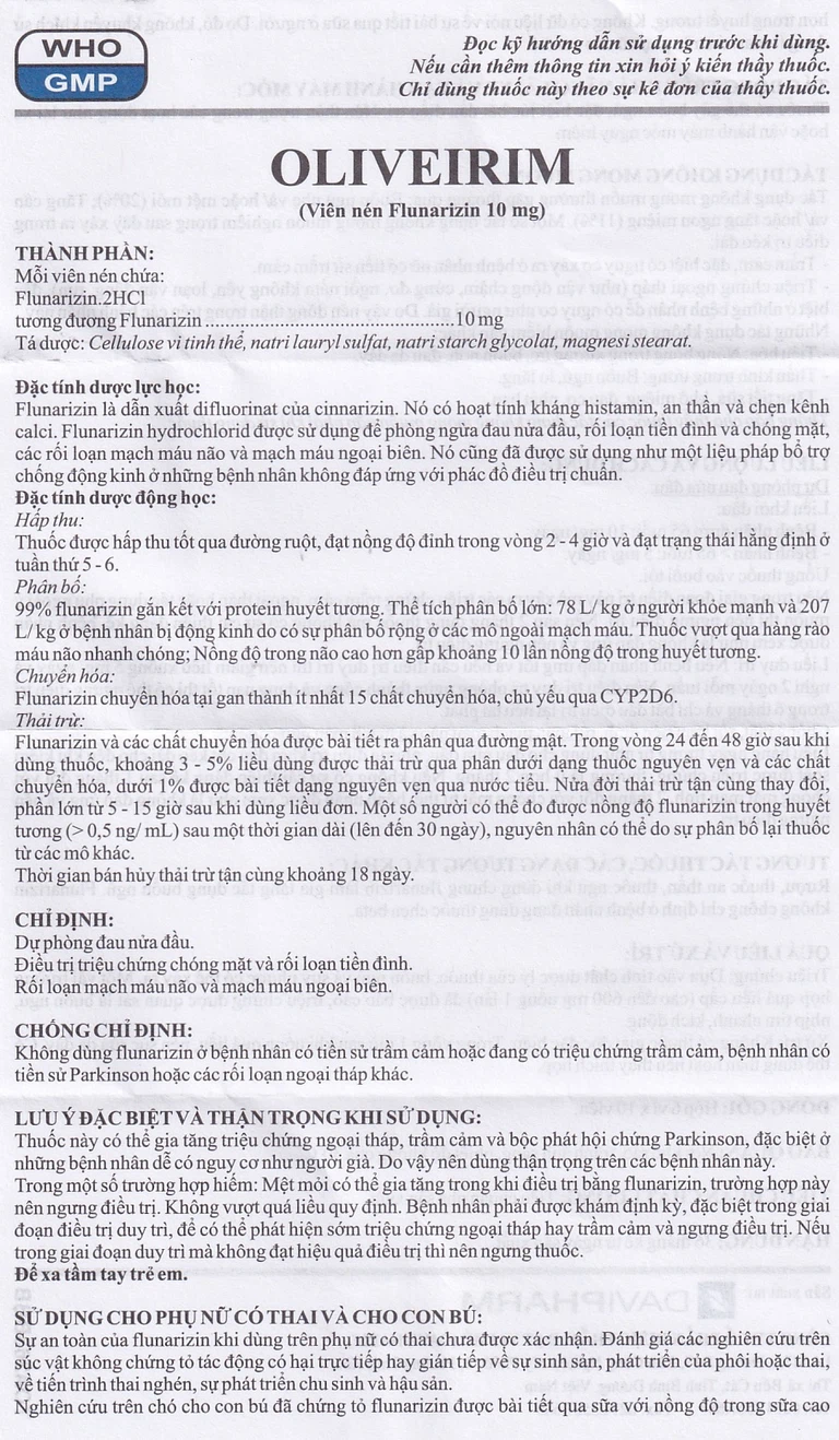 Viên nén Oliveirim 10mg DaViPharm dự phòng đau nửa đầu, điều trị chứng chóng mặt (6 vỉ x 10 viên)