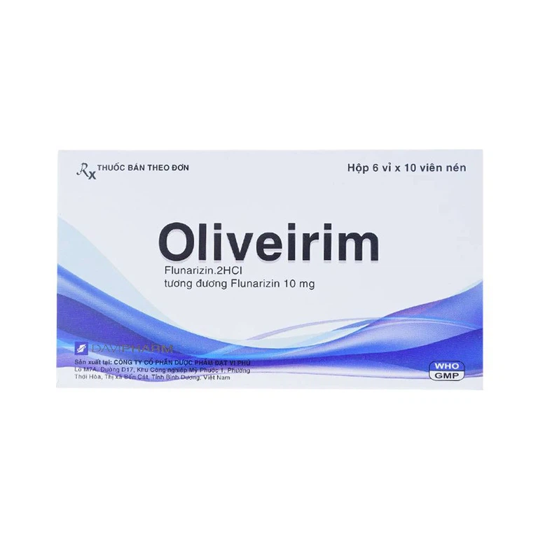Viên nén Oliveirim 10mg DaViPharm dự phòng đau nửa đầu, điều trị chứng chóng mặt (6 vỉ x 10 viên)