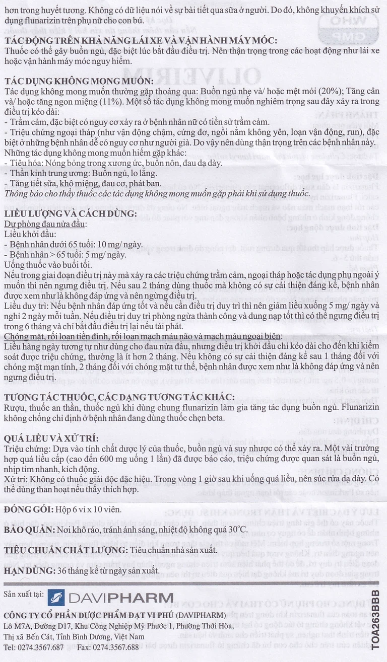 Viên nén Oliveirim 10mg DaViPharm dự phòng đau nửa đầu, điều trị chứng chóng mặt (6 vỉ x 10 viên)