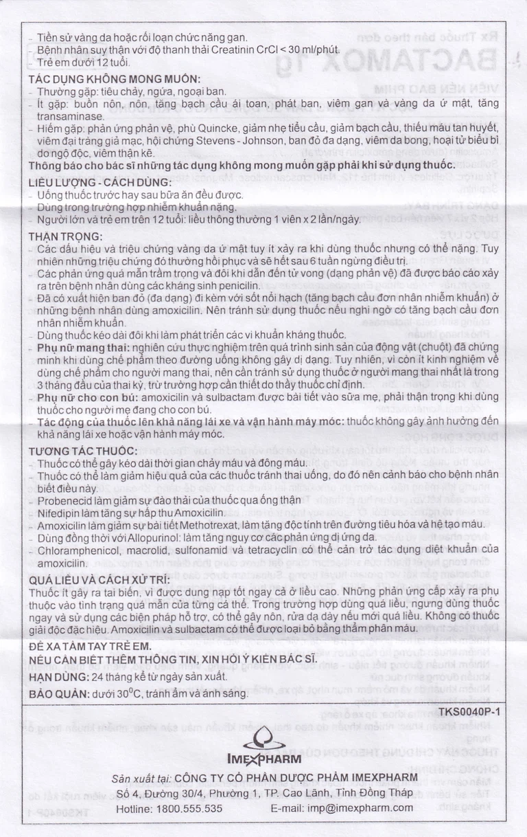 Thuốc Bactamox 1g Imexpharm điều trị nhiễm khuẩn (2 vỉ x 7 viên)