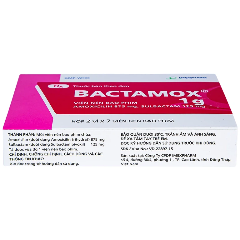 Thuốc Bactamox 1g Imexpharm điều trị nhiễm khuẩn (2 vỉ x 7 viên)