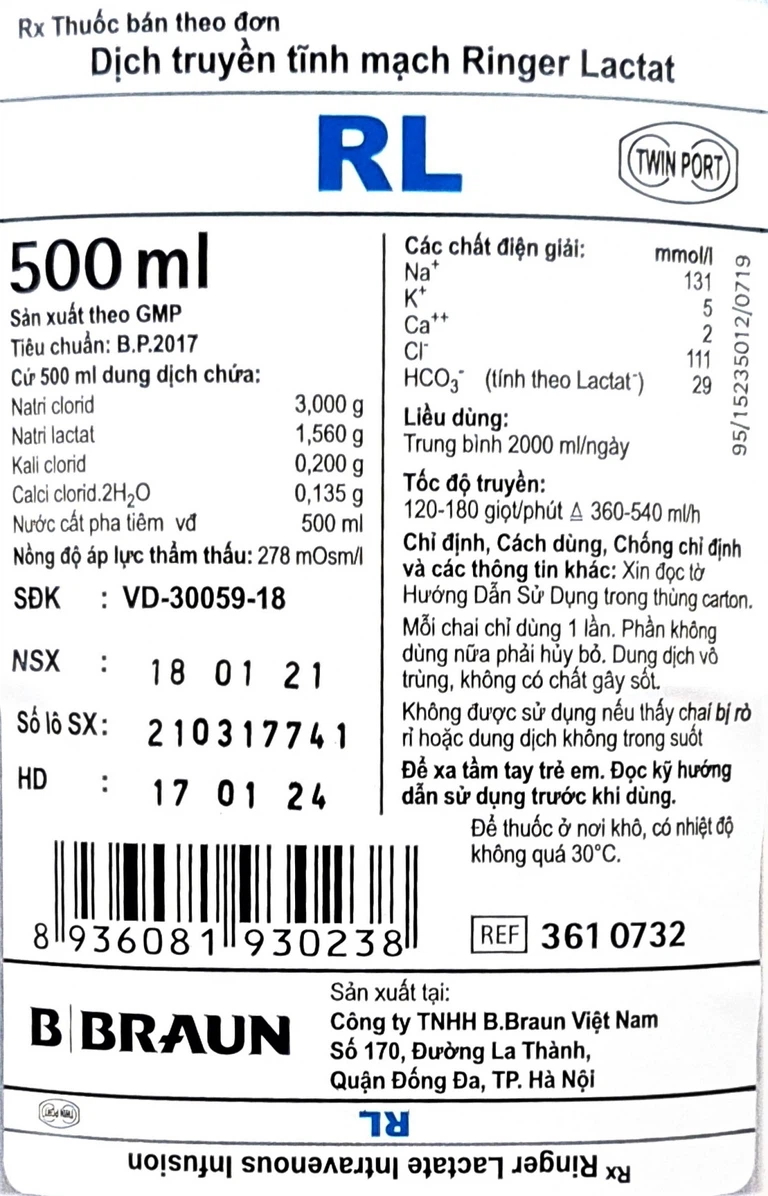 Dung dịch Ringer Lactat Braun truyền tĩnh mạch bù nước và điện giải (500ml)