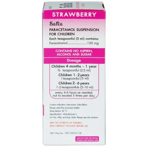 Thuốc Sara 120mg/5ml Thai Nakorn Patana hương dâu tây hạ sốt, giảm đau cho trẻ (60ml)
