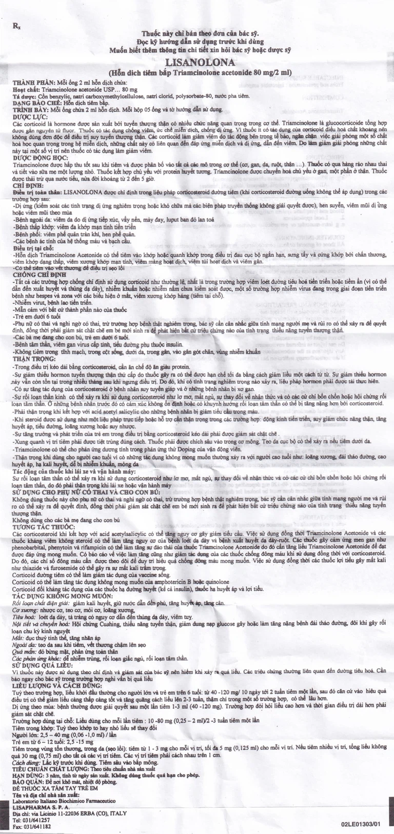 Thuốc tiêm Lisanolona 80mg/2ml Lisapharma điều trị dị ứng, hen suyễn, viêm mũi dị ứng (5 ống)