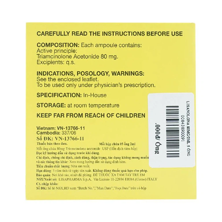 Thuốc tiêm Lisanolona 80mg/2ml Lisapharma điều trị dị ứng, hen suyễn, viêm mũi dị ứng (5 ống)