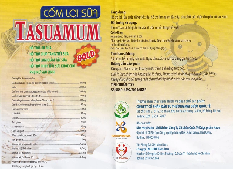 Cốm Lợi Sữa Tasuamum Hadu Pharma hỗ trợ lợi sữa, giúp tăng tiết sữa (20 túi)