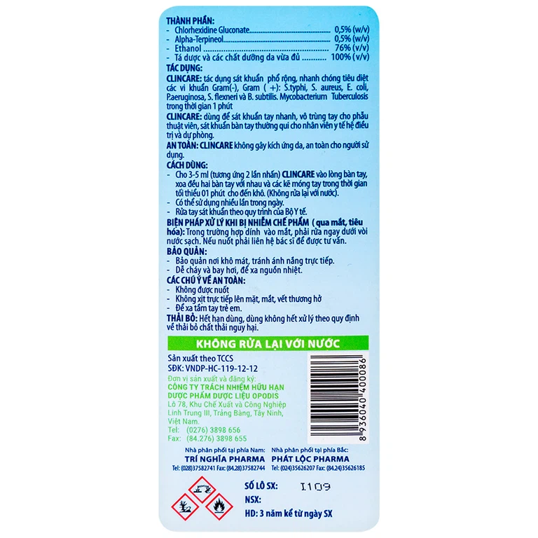 Sát khuẩn tay nhanh Clincare Opodis Pharma tiêu diệt 99,99% vi khuẩn, sát khuẩn tay nhanh (500ml)