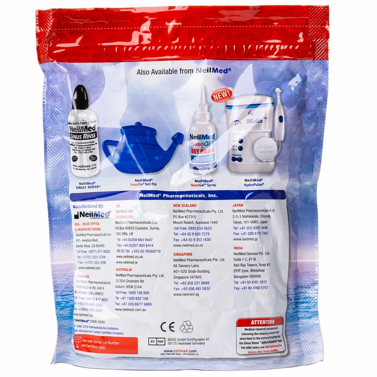 Bộ dụng cụ 1 bình + 60 gói bột rửa mũi NeilMed Sinus Rinse làm sạch và ngăn ngừa chứng viêm mũi dị ứng