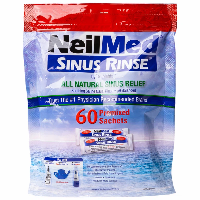 Bộ dụng cụ 1 bình + 60 gói bột rửa mũi NeilMed Sinus Rinse làm sạch và ngăn ngừa chứng viêm mũi dị ứng