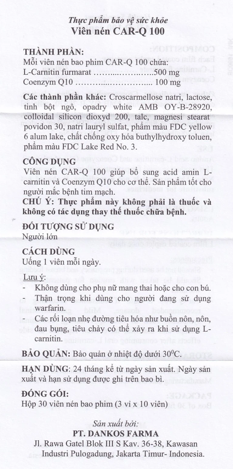 Viên uống Car-Q 100 Dankos bổ sung acid amin L-carnitin và Coenzym Q10 cho cơ thể (3 vỉ x 10 viên)