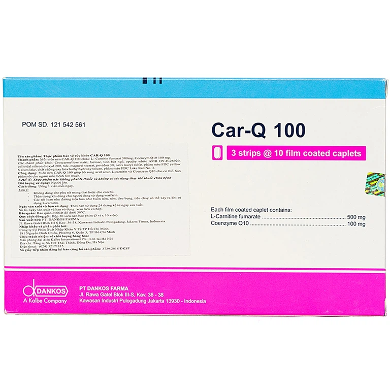 Viên uống Car-Q 100 Dankos bổ sung acid amin L-carnitin và Coenzym Q10 cho cơ thể (3 vỉ x 10 viên)
