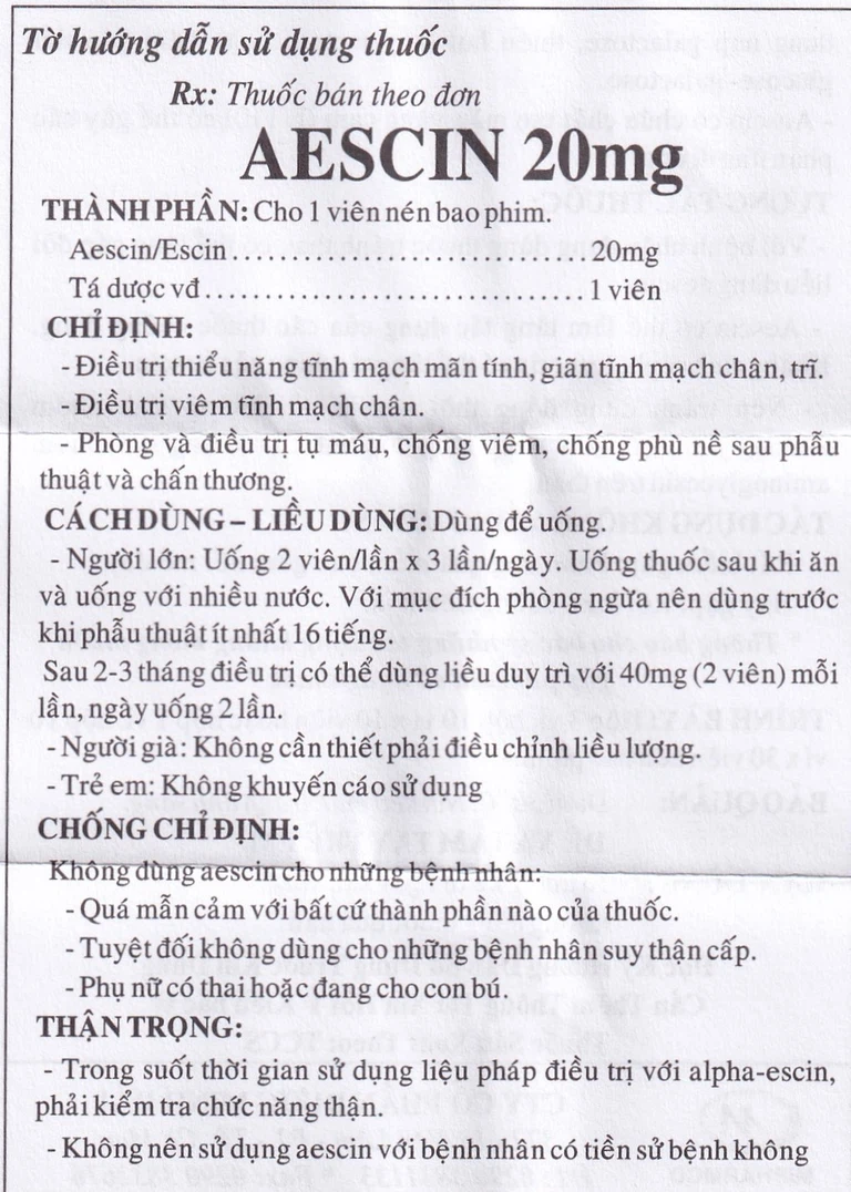 Thuốc Aescin 20mg điều trị thiểu năng tĩnh mạch mãn tính, giãn tĩnh mạch chân, trĩ (3 vỉ x 30 viên)