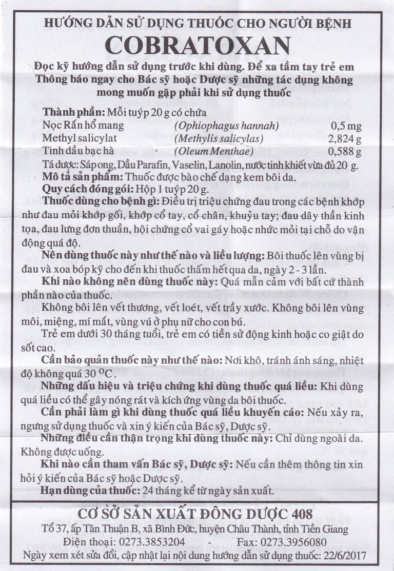 Kem xoa nọc rắn Cobratoxan 20g Cửu Long tác dụng điều trị đau xương khớp (10 tuýp)