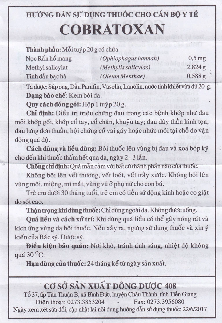 Kem xoa nọc rắn Cobratoxan 20g Cửu Long tác dụng điều trị đau xương khớp (10 tuýp)
