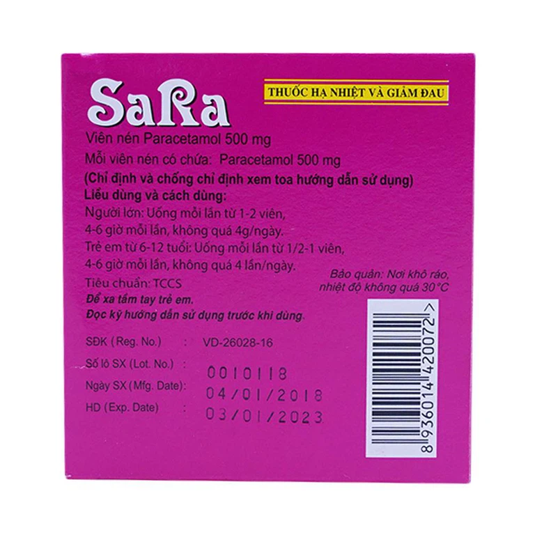 Thuốc Sara 500mg Nakorn giúp giảm đau hạ sốt (25 vỉ x 4 viên)