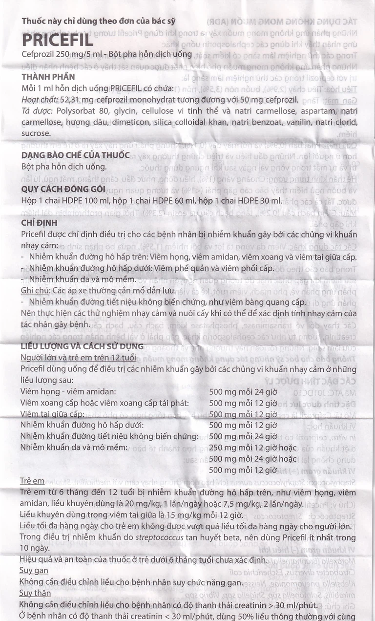 Bột pha hỗn dịch uống Pricefil 250mg/5ml Vianex điều trị nhiễm khuẩn đường hô hấp (30ml)