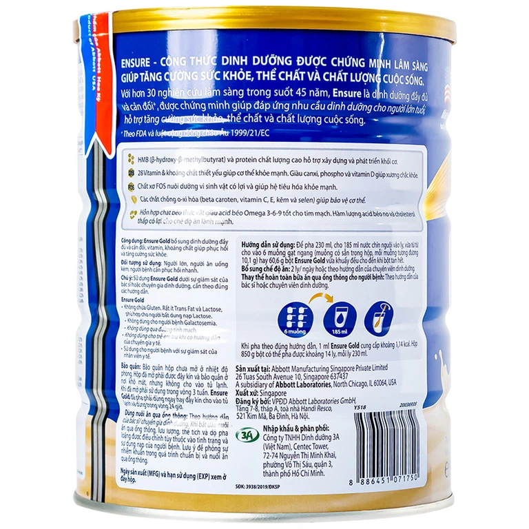 Sữa bột Ensure Gold Abbott hương lúa mạch bổ sung dinh dưỡng, vitamin, khoáng chất cho cơ thể (850g)
