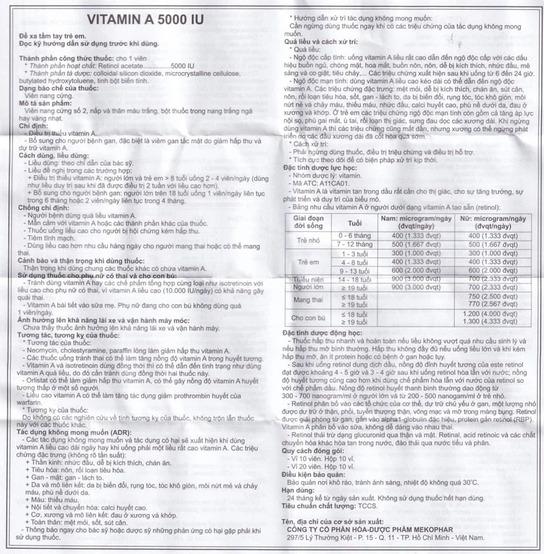 Thuốc Vitamin A 5000 IU Mekophar điều trị thiếu Vitamin A, bổ sung cho người bệnh gan (10 vỉ x 10 viên)