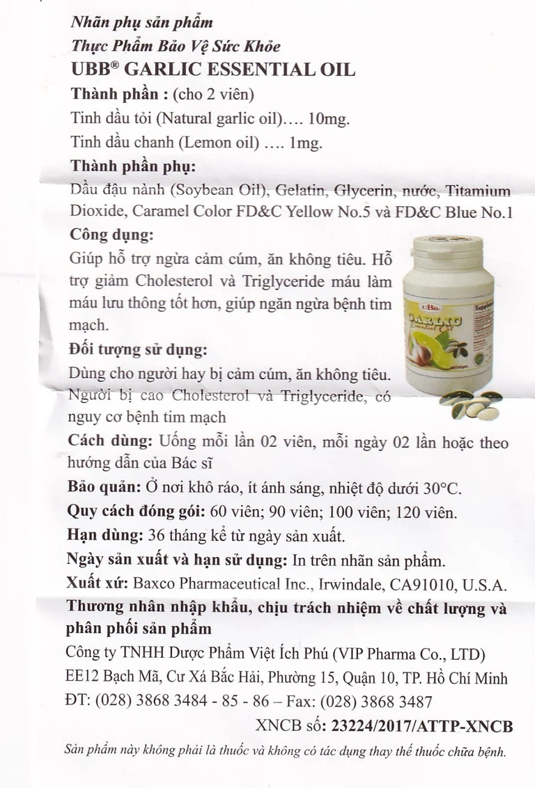 Viên tinh dầu tỏi Garlic Essential Oil UBB hỗ trợ ngừa cảm cúm, ăn không tiêu (100 viên)