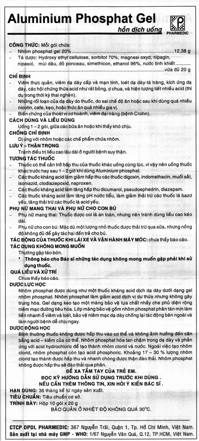 Gel Aluminium Phosphat Pharmedic điều trị viêm thực quản, viêm loét dạ dày (10 gói x 20g)