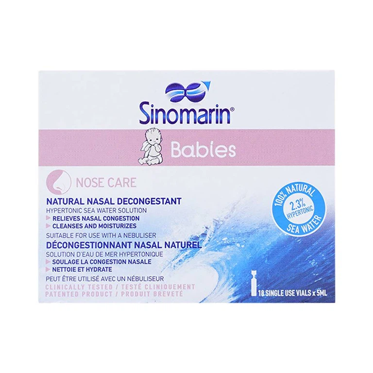 Dung dịch Sinomarin Babies giảm nghẹt mũi bằng cách làm giảm phù nề niêm mạc mũi (18 ống x 5ml)