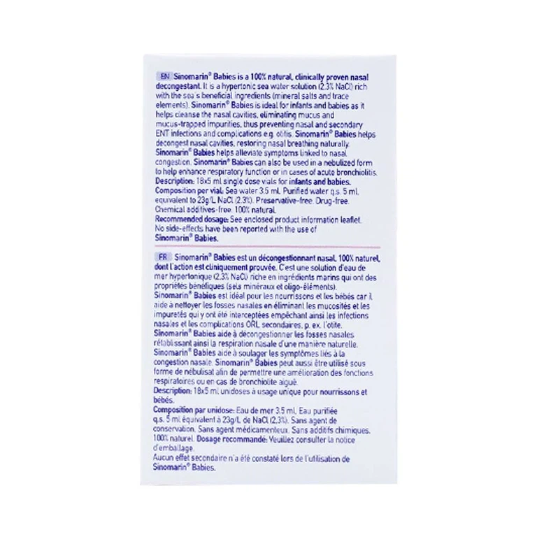 Dung dịch Sinomarin Babies giảm nghẹt mũi bằng cách làm giảm phù nề niêm mạc mũi (18 ống x 5ml)